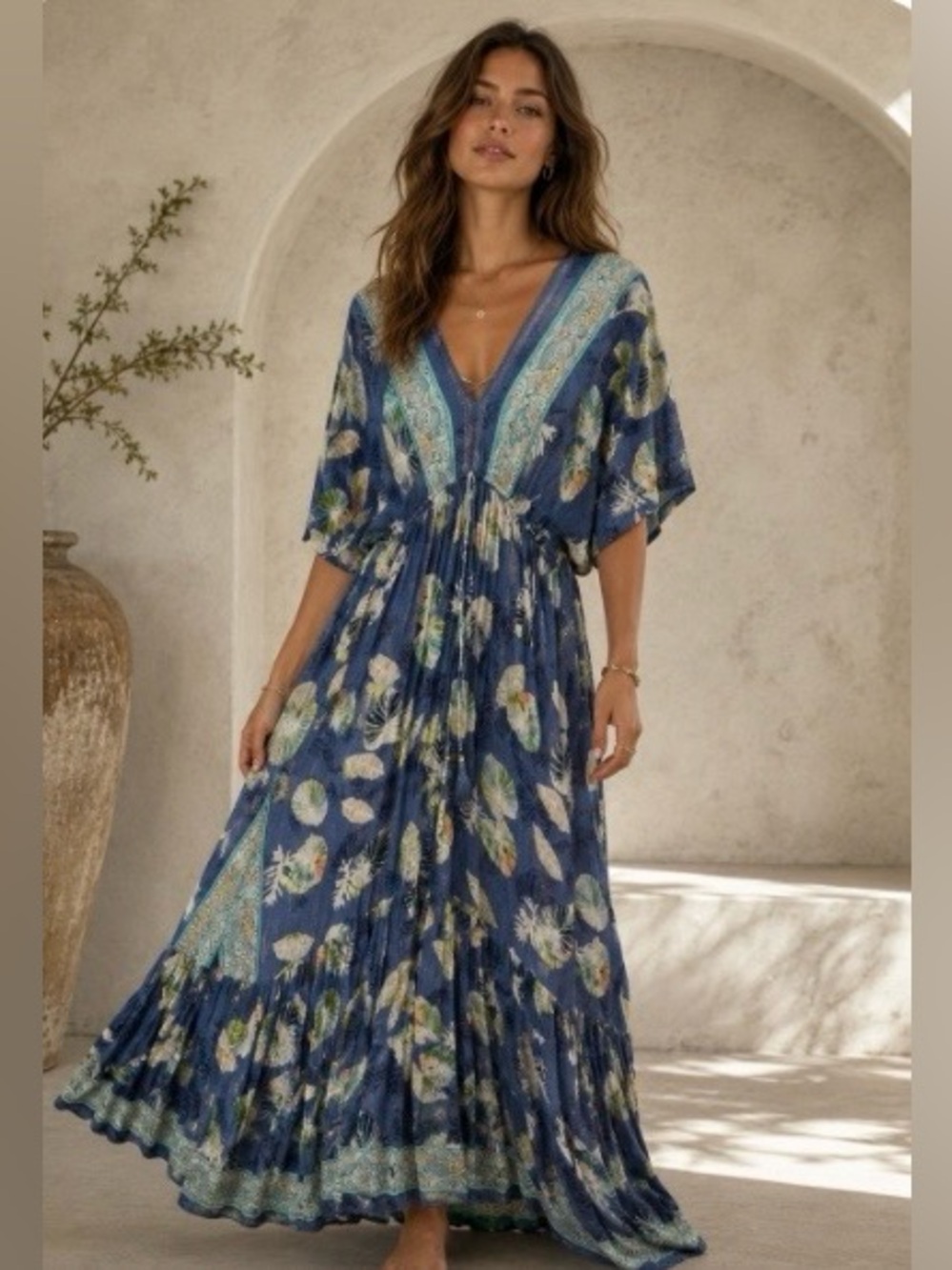 Zury Boho Blue Tropical Leaf Maxi Dress Metallic Thread Tassel Tie Resort Kaftan